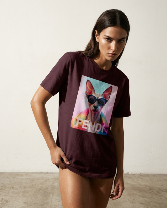 Camalestore T-shirt Sphynx Prism de estilo minimalista, modelo feminino com silhueta forte e iluminação cinematográfica.