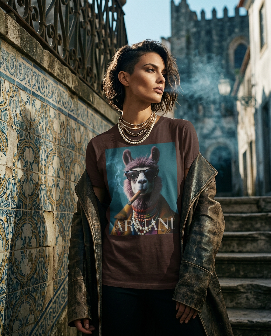 T-shirt Dapper Llama da Camalestore, modelo feminino com design moderno e estilo fashion, em fundo de campanha de moda de luxo.