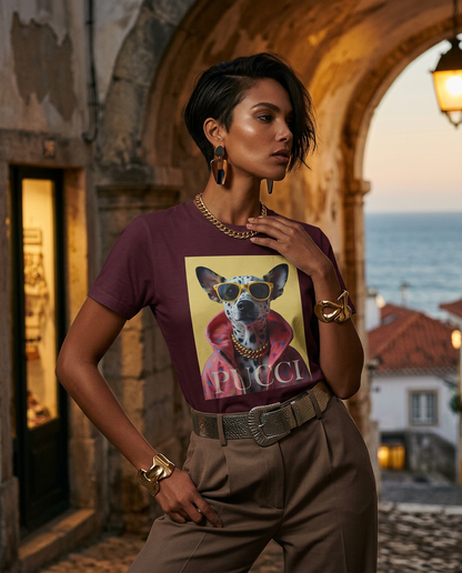 T-shirt Hip Dalmatian da Camalestore, t-shirt de moda com padrão de dálmatas, modelo feminino em campanha de alta moda.