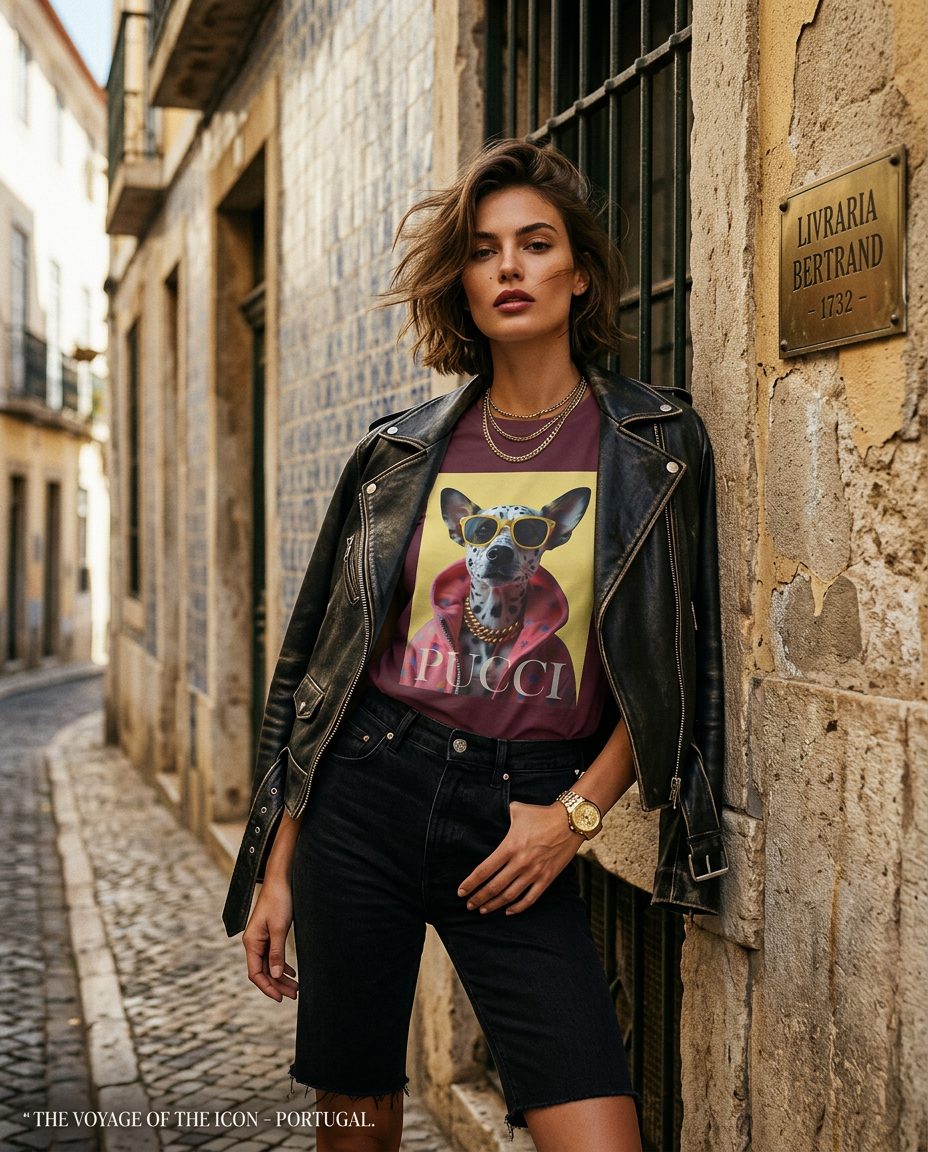 T-shirt Hip Dalmatian da Camalestore, t-shirt de moda com padrão de dálmatas, modelo feminino em campanha de luxo.