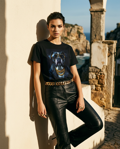 T-shirt Golden Rocker da Camalestore, modelo feminino com design de moda de luxo, em uma campanha de alta costura.