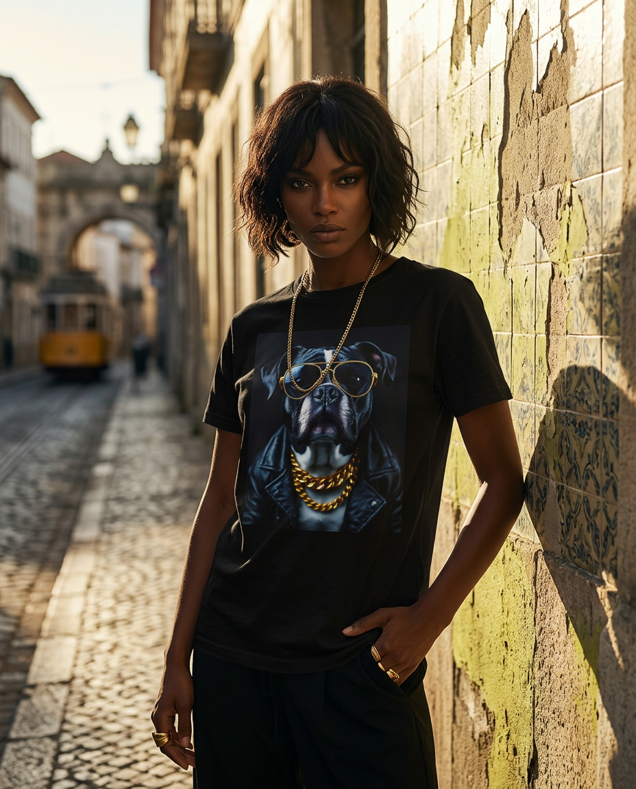 T-shirt Golden Rocker da Camalestore, modelo feminino de luxo com design moderno e estilo fashion, numa campanha de moda de alta qualidade.