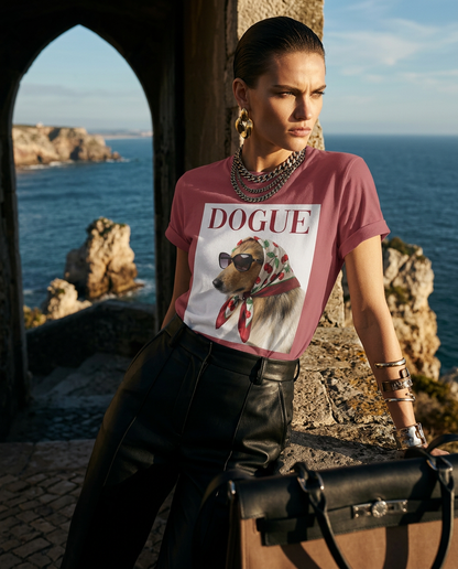 T-shirt Vintage Dogue Muse da Camalestore, estilo casual com design de cão vintage, em fundo de campanha de moda feminina.