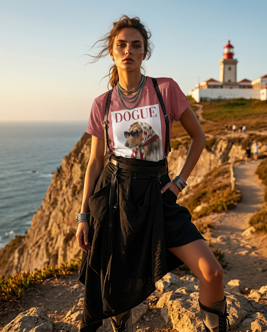 T-shirt vintage Dogue Muse da Camalestore com design estilizado, modelo feminino com estilo de alta moda e luxo.