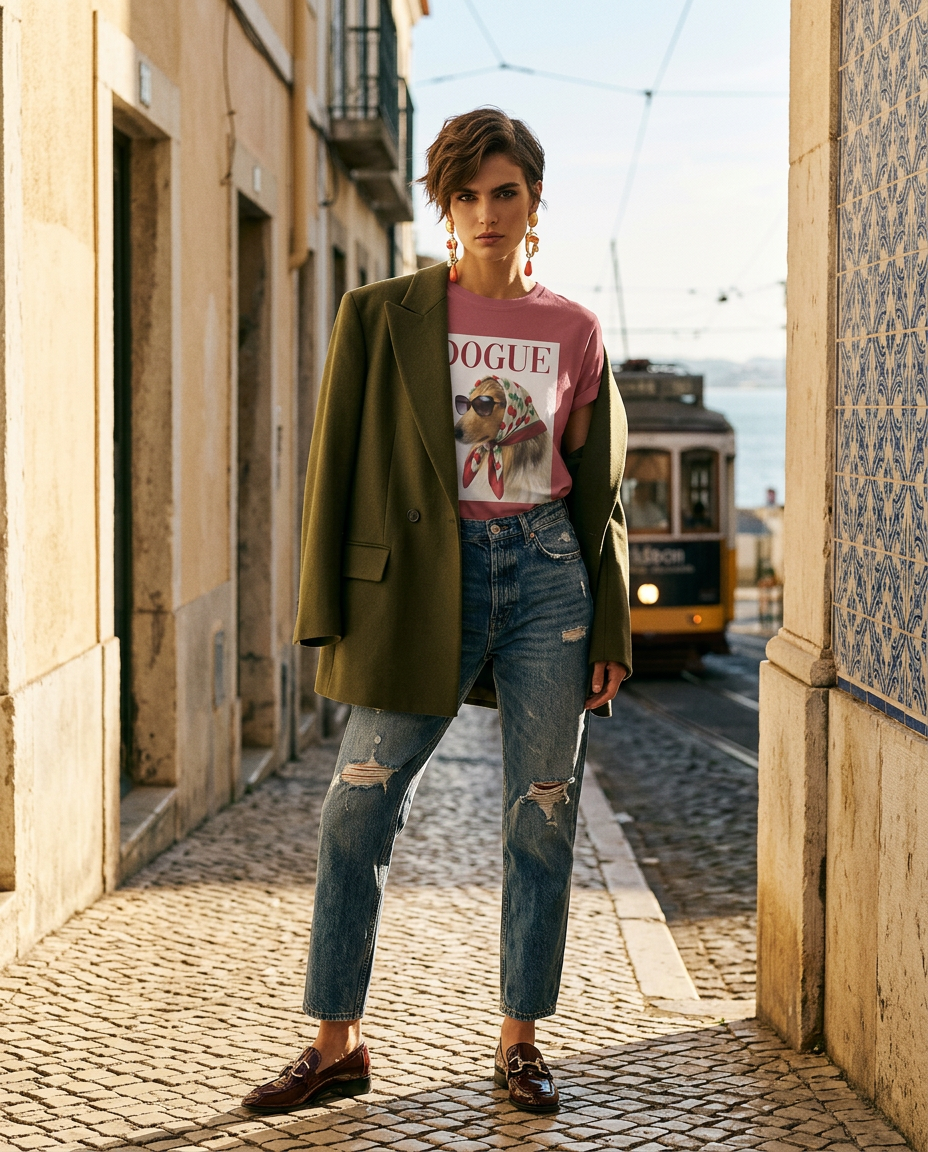 T-shirt vintage Dogue Muse da Camalestore, com design estilizado de cão, modelo feminino em foto de campanha de moda de luxo