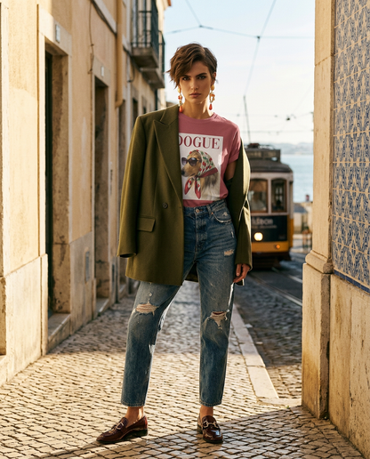 T-shirt vintage Dogue Muse da Camalestore, com design estilizado de cão, modelo feminino em foto de campanha de moda de luxo