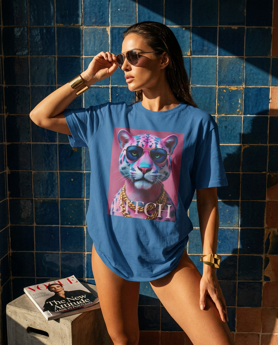 T-shirt Neon Jungle Boss da Camalestore, estilo minimalista com design vibrante em fundo neutro.