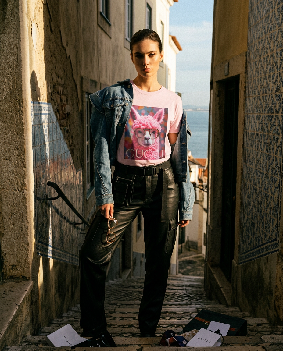 T-shirt Camalestore Alpaca Icon de estilo urbano, modelo feminino usando uma t-shirt de moda moderna com estampagem.