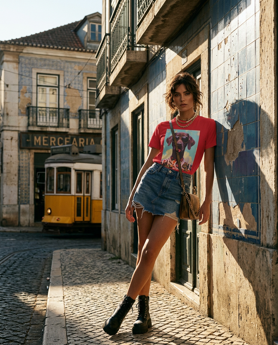 T-shirt Tropical Pooch da Camalestore, modelo feminino com estampa colorida e estilo urbano, vestida com a T-shirt casual.