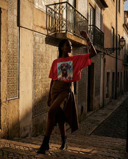 T-shirt Tropical Pooch da Camalestore, modelo feminina com estampa vibrante, estilo urbano e moderno, vestida com T-shirt de manga curta.