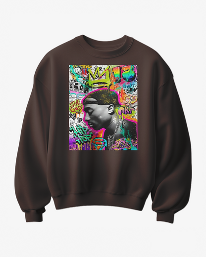 Sweatshirt Camalestore com design de graffiti de uma coroa, cinza com detalhes coloridos, veste confortável e moderna.