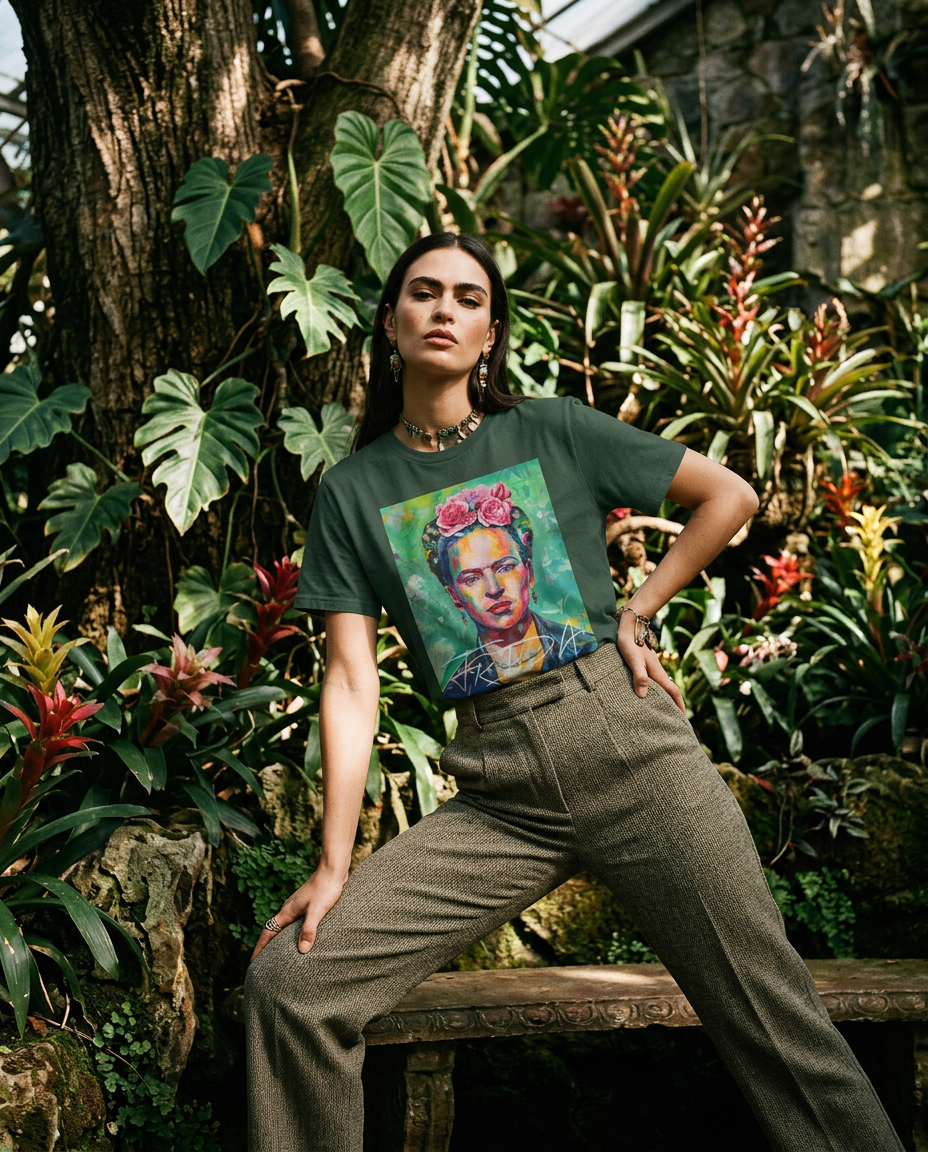 T-shirt Kahlo Chromatic da Camalestore, modelo feminino com estampa urbana e estilo minimalista, usado por modelo morena.