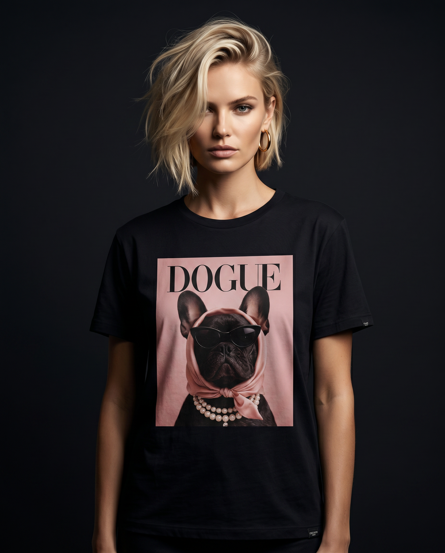 Camiseta The Frenchie Muse da Camalestore, com estampa de cachorro French Bulldog, vista frontal em fundo branco.