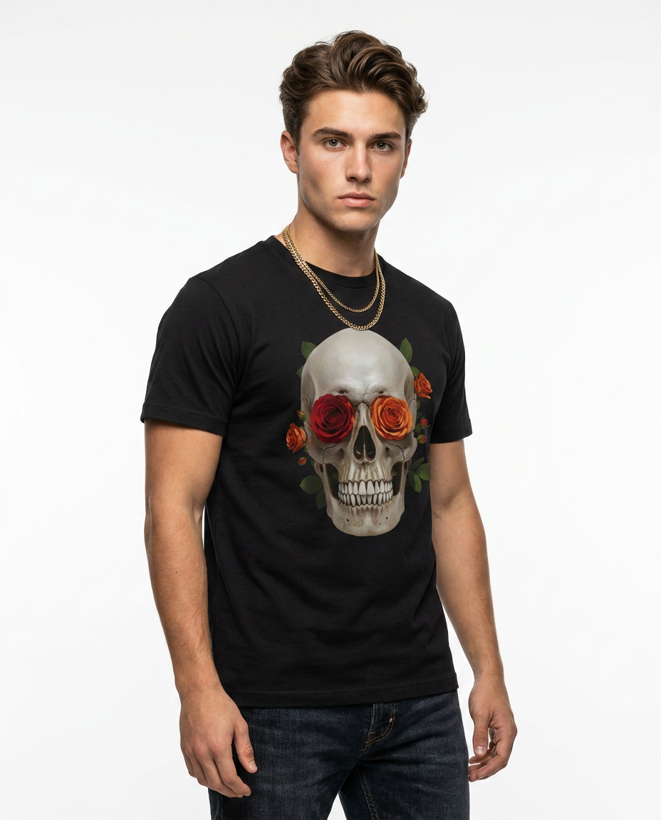 Camalestore T-shirt Skull Rose com estampa de caveira e rosa em tecido confortável, modelo casual e moderno.