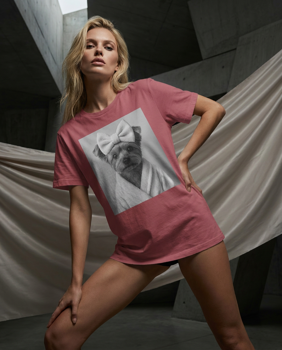 Camiseta T-shirt Yorkie Spa Day da Camalestore com estampa divertida de cachorro e spa, roupa casual para cães e donos.