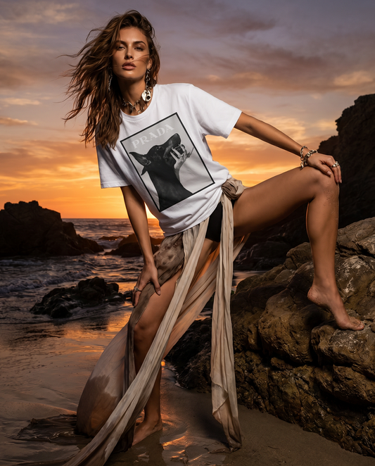 Camiseta Doberhand branca da Camalestore, modelo casual, vista frontal com detalhes do tecido e logotipo na frente.