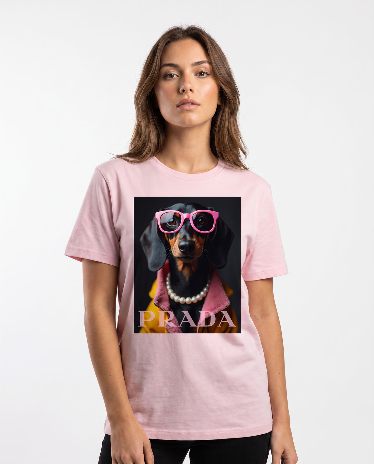 Camiseta Pearl Dachshund da Camalestore, t-shirt de algodão com estampa de dachshund pérola, em fundo branco.