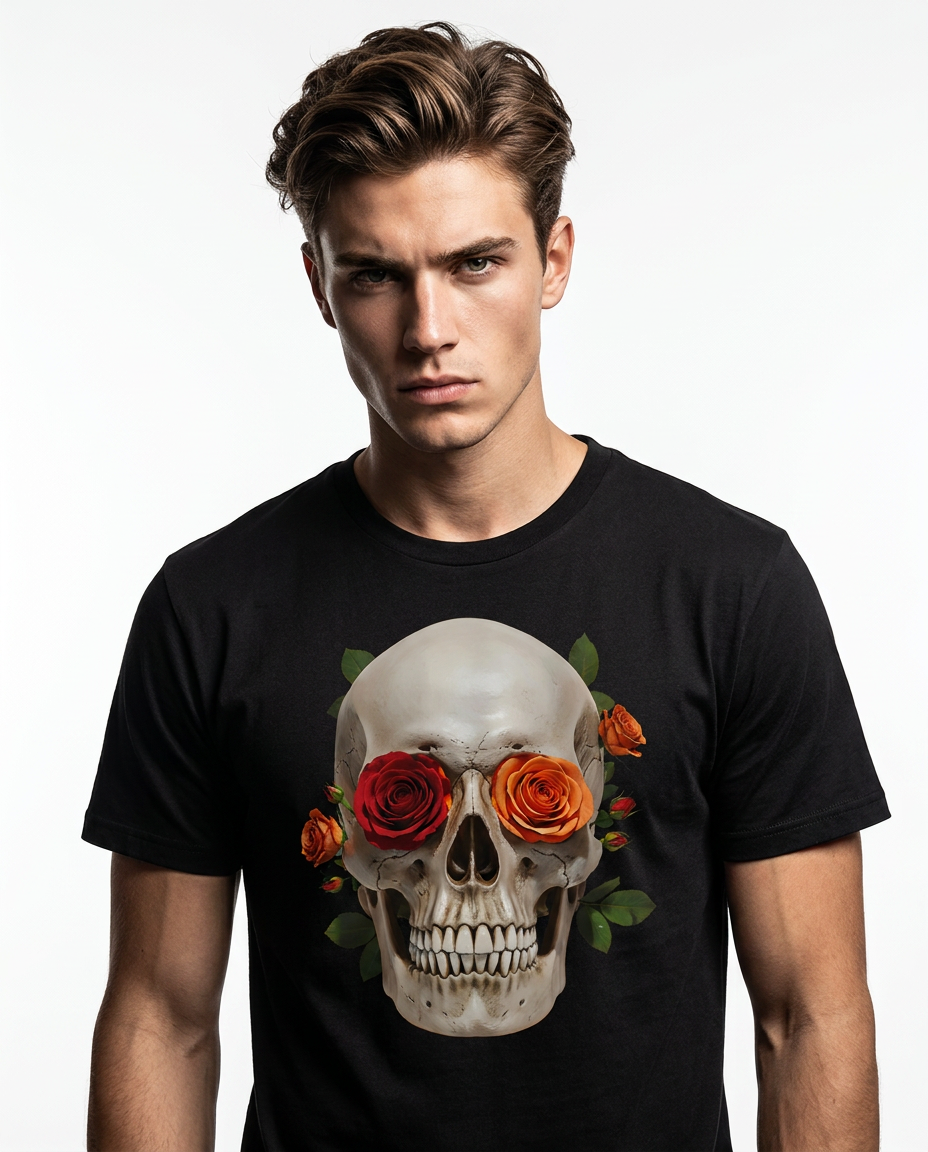 Camalestore camiseta Skull com rosa, design de campanha, estampa de caveira e flor, estilo casual e moderno.