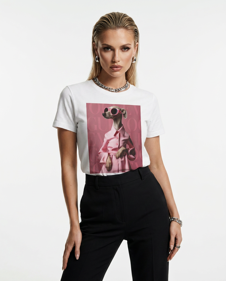 Camalestore T-shirt Skinny Pinky de alta costura, vista frontal com detalhes de tecido rosado e design moderno.