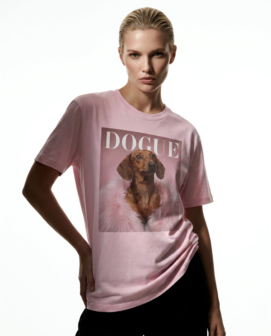 Camiseta Dachshund Muse da Camalestore, estampa de cachorro na frente, feita de algodão, modelo casual e confortável.