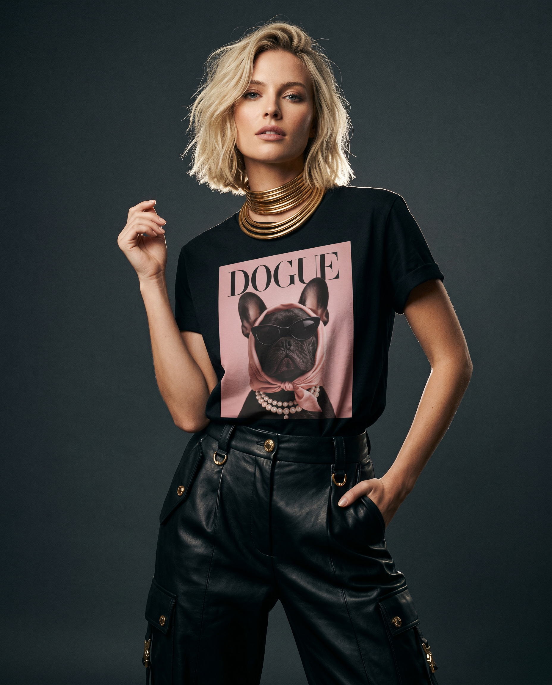 Camiseta The Frenchie Muse da Camalestore, camiseta branca com estampa de cachorro French Bulldog, frente da peça.