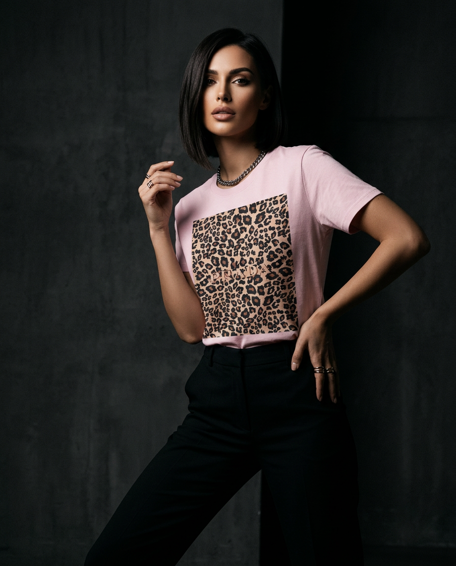 Camalestore T-shirt Leopard Blush, modelo usando camiseta de manga curta com estampa de leopardo em tom blush, iluminação cinematográfica.