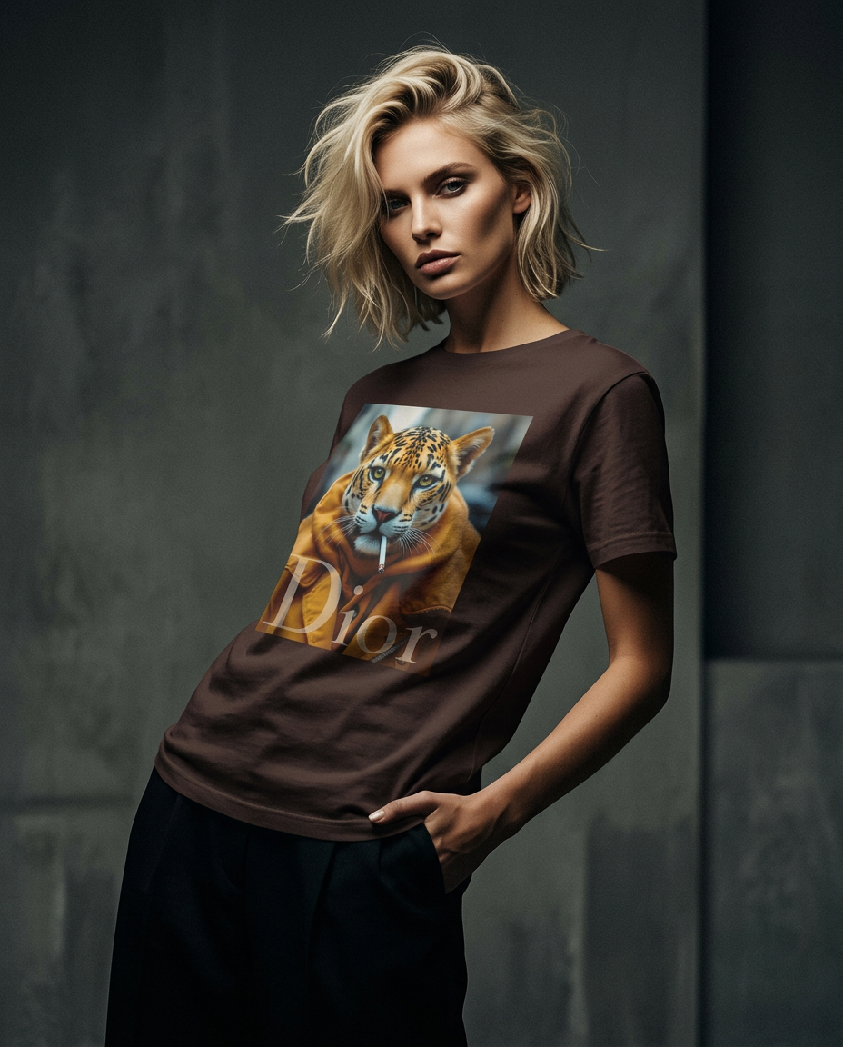 Camalestore T-shirt Jaguar Raw em modelo posando, com silhueta forte e iluminação cinematográfica, estilo moderno e casual.