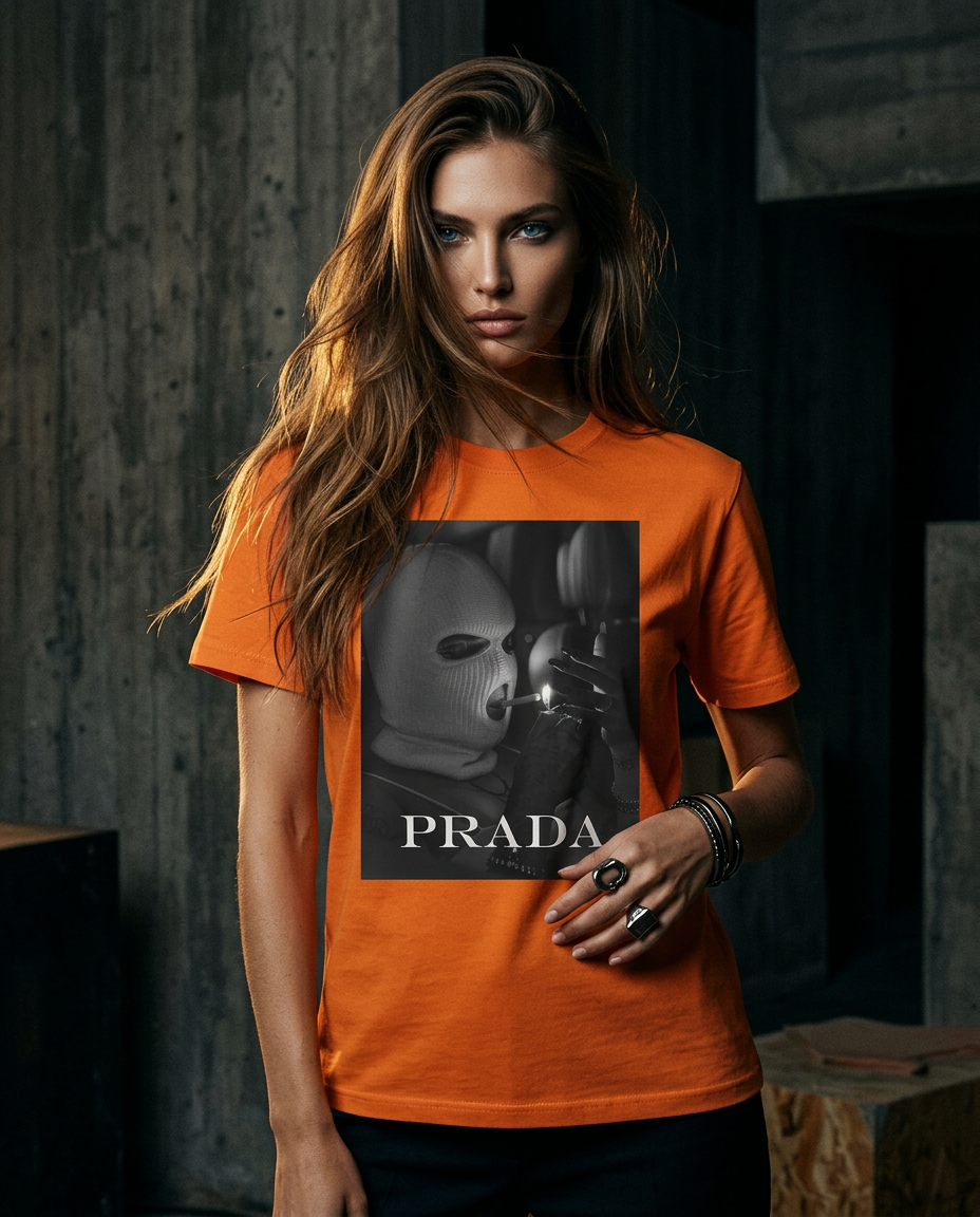 T-shirt Urban Rebel da Camalestore, modelo feminino com cabelo longo, olhos azuis e pose em iluminação cinematográfica.