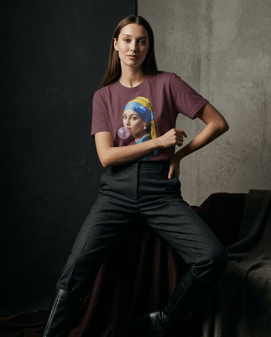 Camalestore T-shirt Pearl Bubble com silhueta forte, iluminação cinematográfica e composição assimétrica. Modelo posando.
