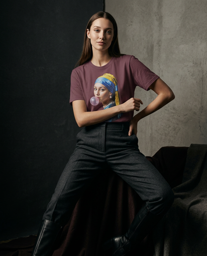 Camalestore T-shirt Pearl Bubble com silhueta forte, iluminação cinematográfica e composição assimétrica. Modelo posando.