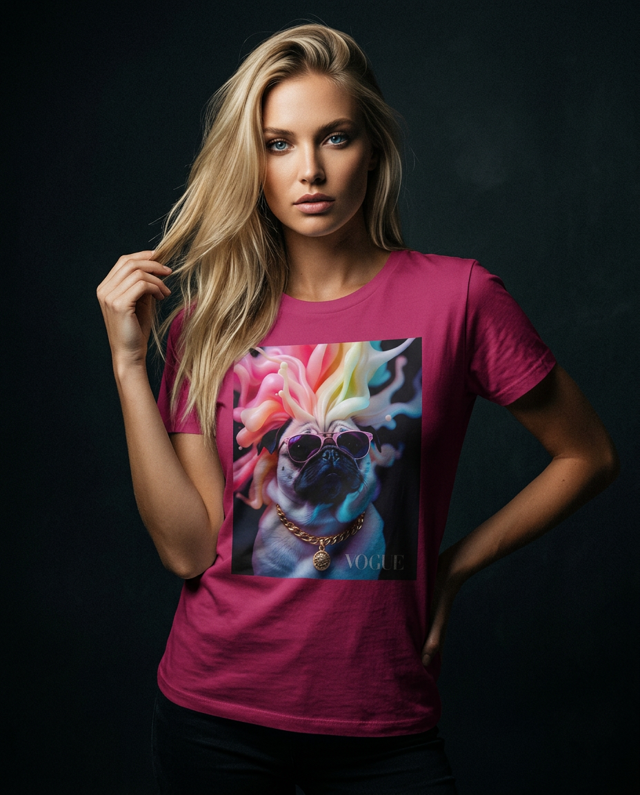 Camiseta Pug Chromatic Elite da Camalestore, mulher com cabelo loiro longo e olhos azuis, posando com silhueta forte e iluminação cinematográfica