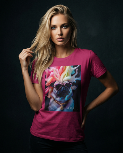 Camiseta Pug Chromatic Elite da Camalestore, mulher com cabelo loiro longo e olhos azuis, posando com silhueta forte e iluminação cinematográfica
