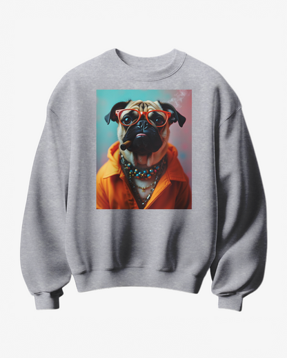 Suéter Pug Boss da Camalestore com estampa de pug, tecido confortável, mostra o design na imagem.