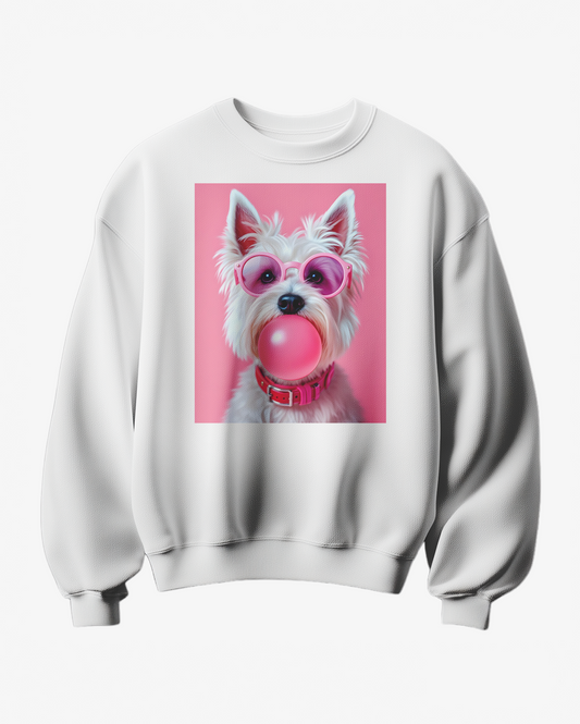 Sweatshirt rosa com estampa de Westie, estilo casual, da marca Camalestore, mostrado na imagem.