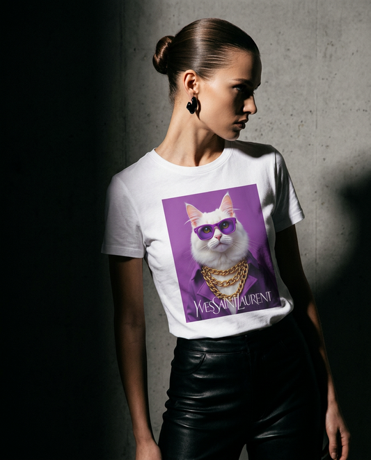 Camiseta Feline Drip da Camalestore em modelo feminino, com silhueta forte e iluminação cinematográfica.