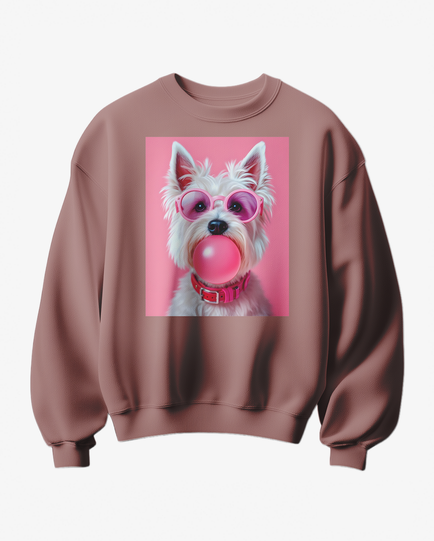 Sweatshirt rosa com estampa de Westie, Camalestore, tecido confortável, vista frontal com detalhes coloridos e ajuste casual.