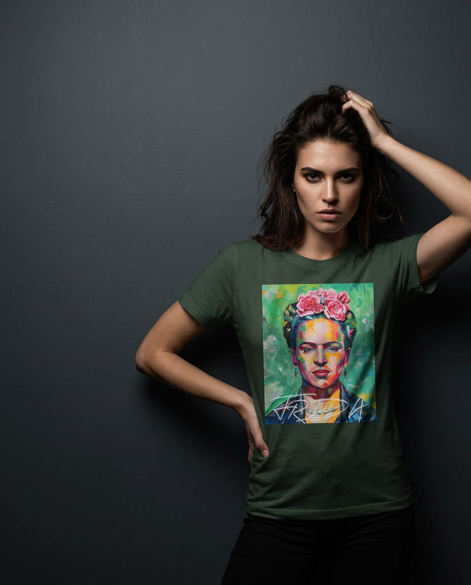 Camiseta Kahlo Chromatic da Camalestore, modelo feminina usando camiseta com estampa colorida, iluminação cinematográfica e composição assimétrica.