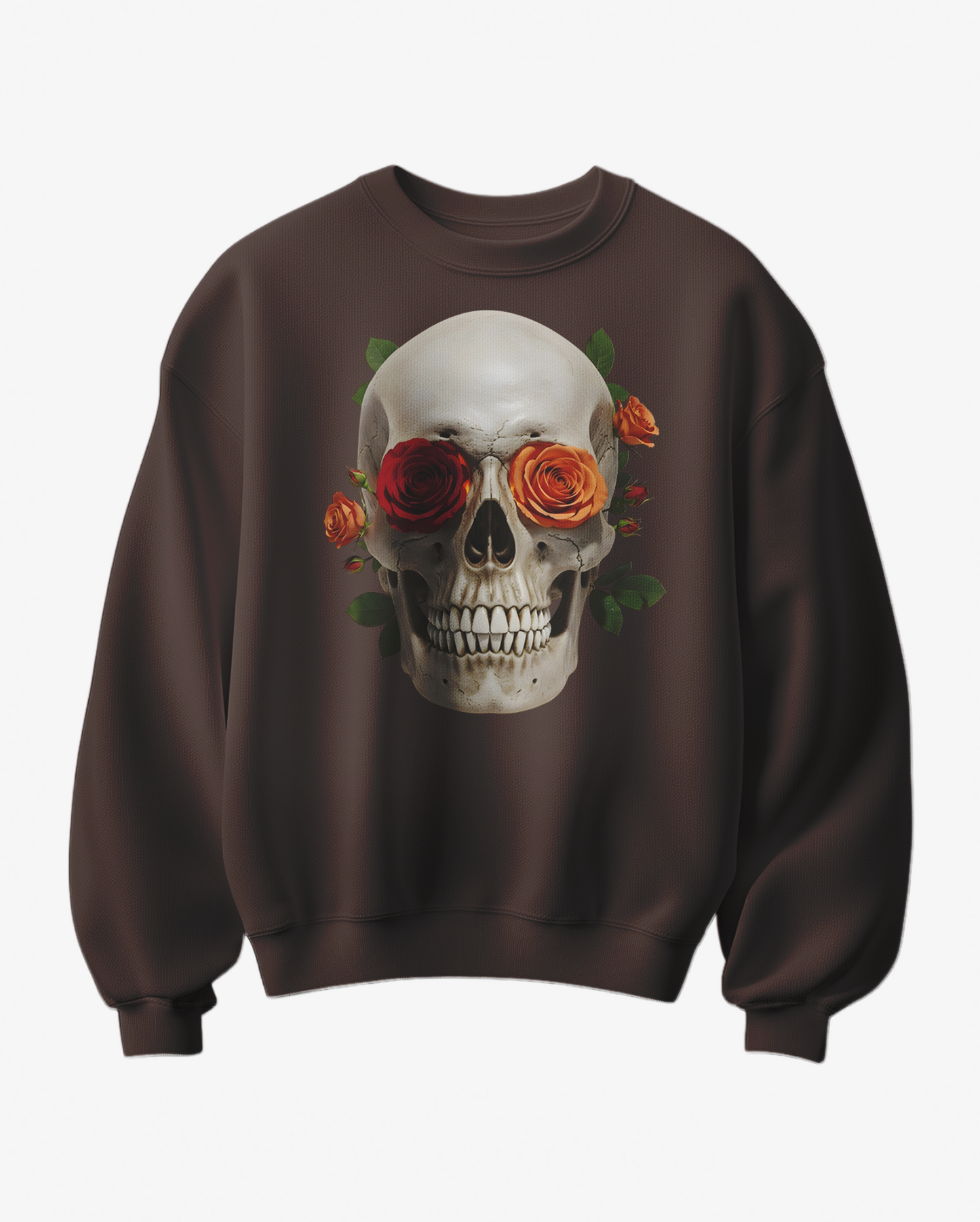 Sweatshirt Camalestore com estampa de caveira e rosas, em cores cinza e preto, com capuz e mangas compridas.