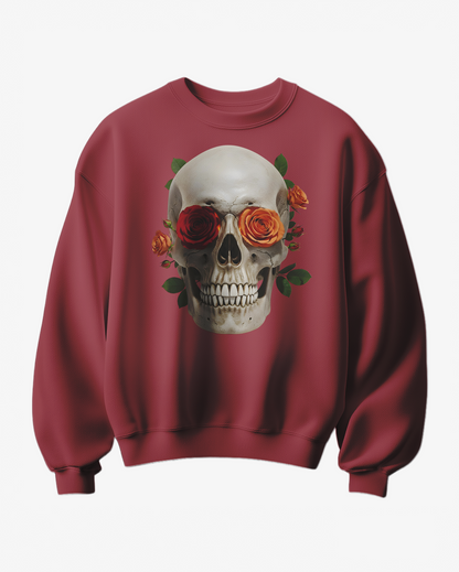 Sweatshirt Camalestore Skull Rose, com padrão de caveira e rosa, com design confortável e casual para o dia a dia.