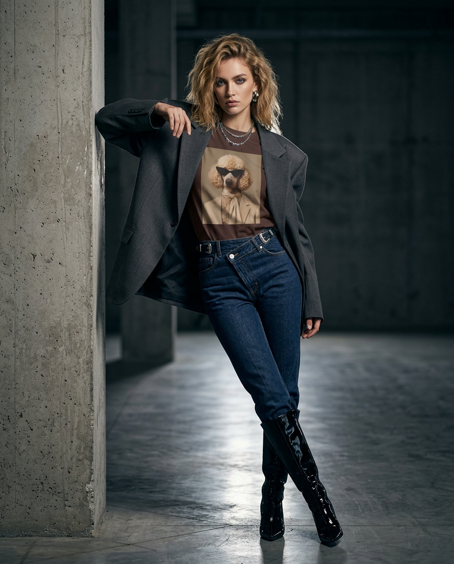 Camiseta Poodle Tailor da Camalestore, modelo feminina com cabelo loiro, olhos azuis, posando com iluminação cinematográfica.