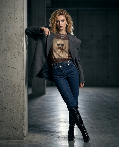 Camiseta Poodle Tailor da Camalestore, modelo feminina com cabelo loiro, olhos azuis, posando com iluminação cinematográfica.
