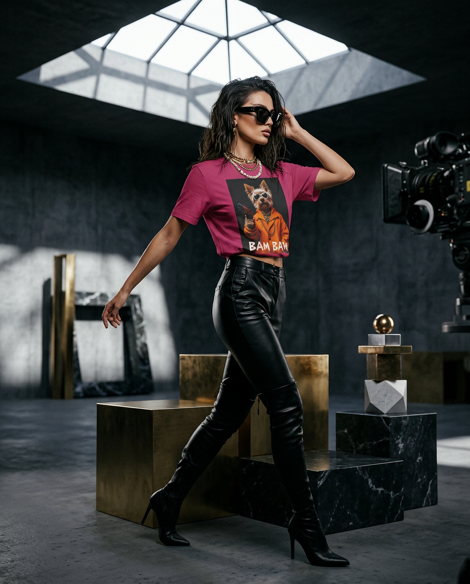 Camiseta Bam Bam Gangster da Camalestore, modelo moreno posando com iluminação cinematográfica e composição assimétrica.