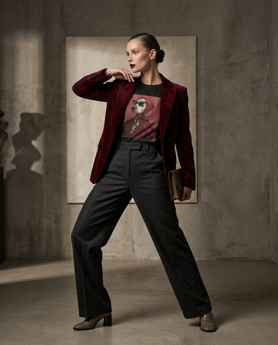 Camalestore T-shirt Spot Luxe usada por modelo feminina, silhueta forte, iluminação cinematográfica e composição assimétrica.