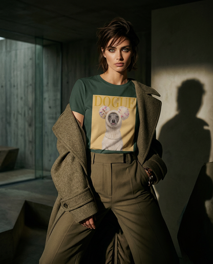 Camiseta Dogue Balaclava da Camalestore, modelo feminino com pele morena, olhos verdes, posando com iluminação cinematográfica.