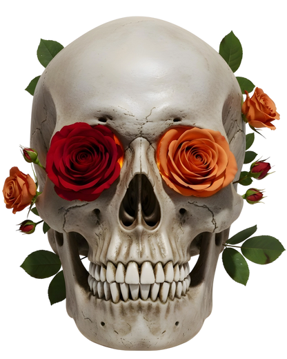 Camalestore camiseta Skull com rosa, camiseta de algodão com estampa de caveira e rosas, estilo casual e moderno.