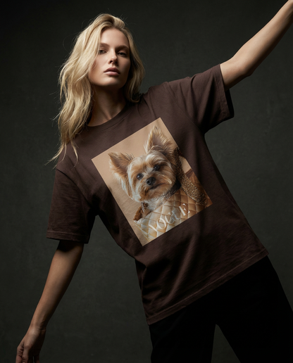 Camiseta T-shirt Yorkie Muse da Camalestore, com estampa de cachorro Yorkie, feita de algodão, vista de frente sobre fundo branco.