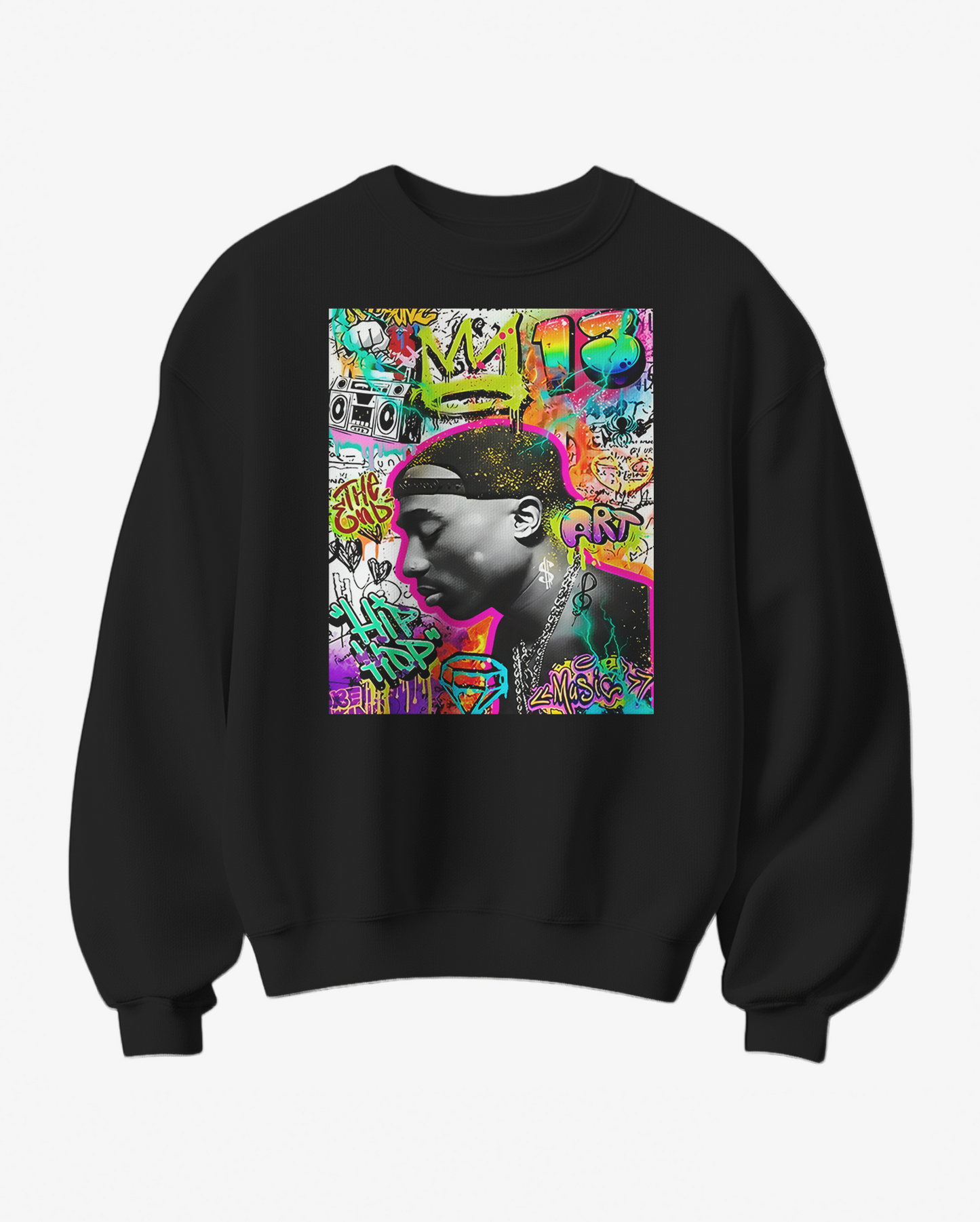 Sweatshirt Camalestore com estampa de graffiti e coroa, confortável e moderna, em cores vibrantes.