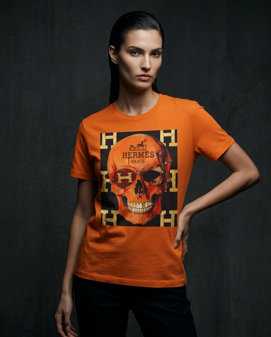 Camiseta Camalestore Iconic Skull, modelo feminino usando camiseta estilizada com estampa de caveira, iluminação cinematográfica.