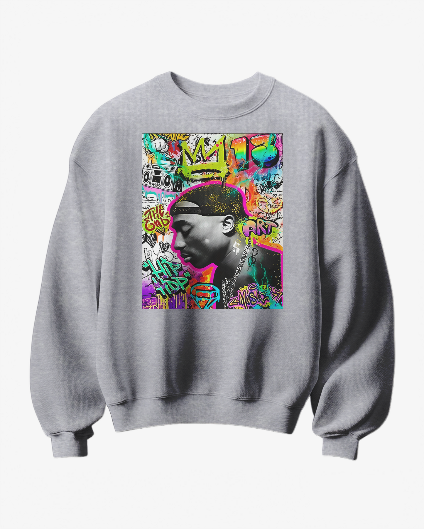 Sweatshirt Camalestore com design de graffiti de uma coroa, cinza com detalhes coloridos, tecido confortável e estilo urbano.