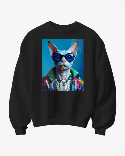Sweatshirt Sphynx Camalestore com estampa de gato Sphynx cinzento, confortável e casual, em tecido macio e ajustado ao corpo.